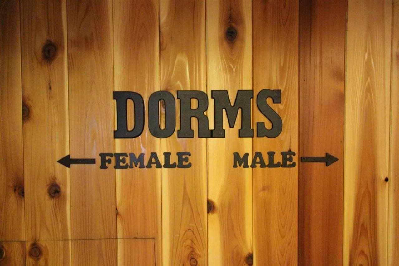 A wooden wall features "DORMS" in bold letters, evoking the charm of a rustic lodge. Arrows direct guests left for "FEMALE" and right for "MALE," guiding them into their respective dorm rooms.