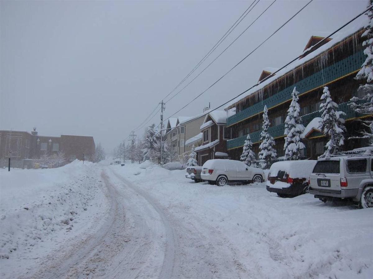 Snow-covered street with parked cars and snow-laden trees. Buildings with balconies are visible on the right. Overcast sky suggests ongoing snowfall.