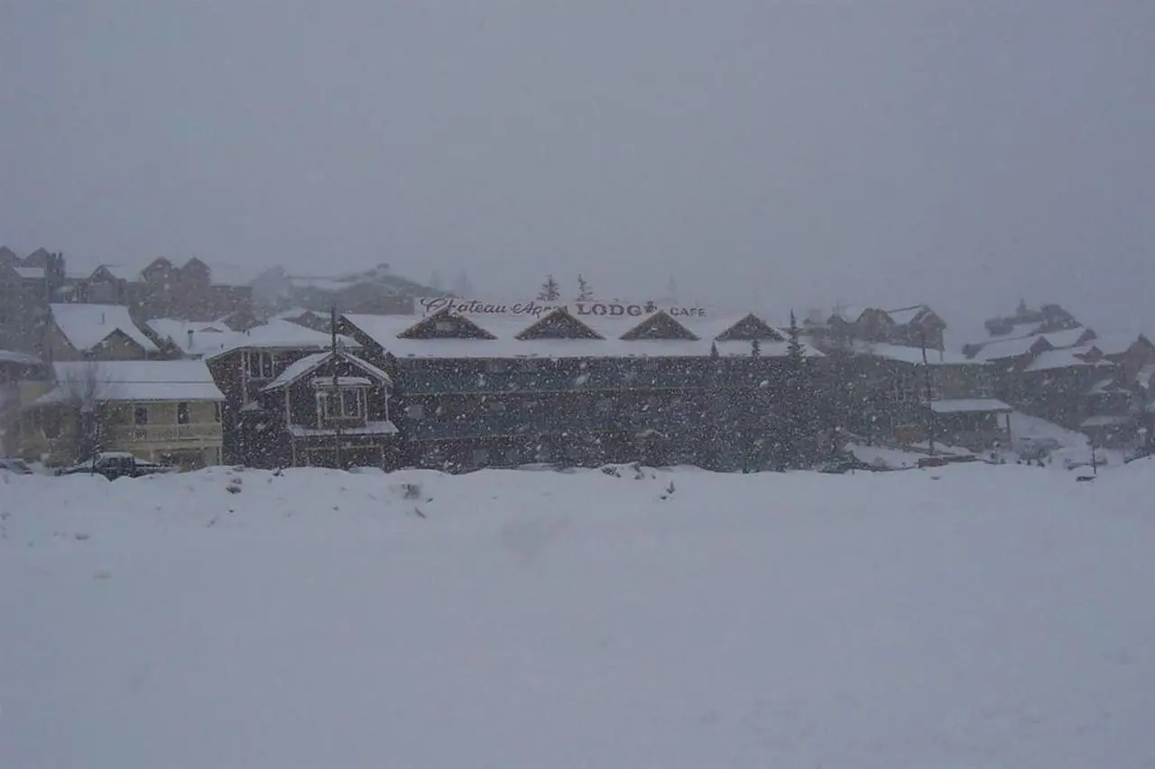 Snow-covered lodge surrounded by heavy snowfall, with blurred background buildings.